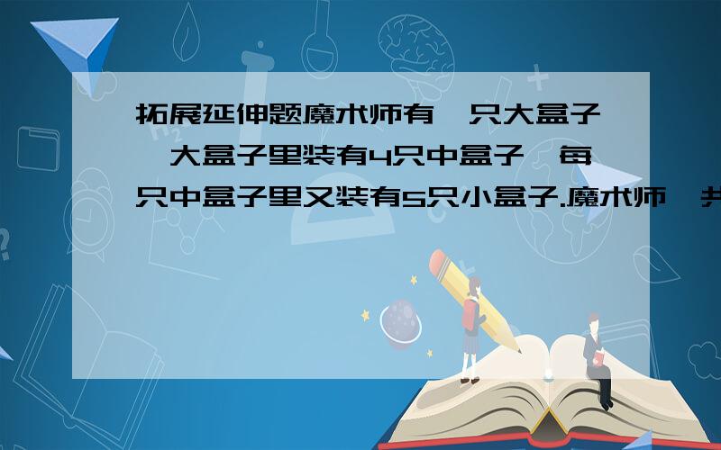 拓展延伸题魔术师有一只大盒子,大盒子里装有4只中盒子,每只中盒子里又装有5只小盒子.魔术师一共有多少只盒子?