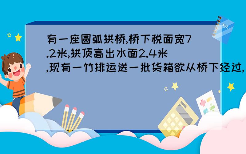 有一座圆弧拱桥,桥下税面宽7.2米,拱顶高出水面2.4米,现有一竹排运送一批货箱欲从桥下经过,已知货箱长10米,宽3米,问货箱能否顺利通过该桥