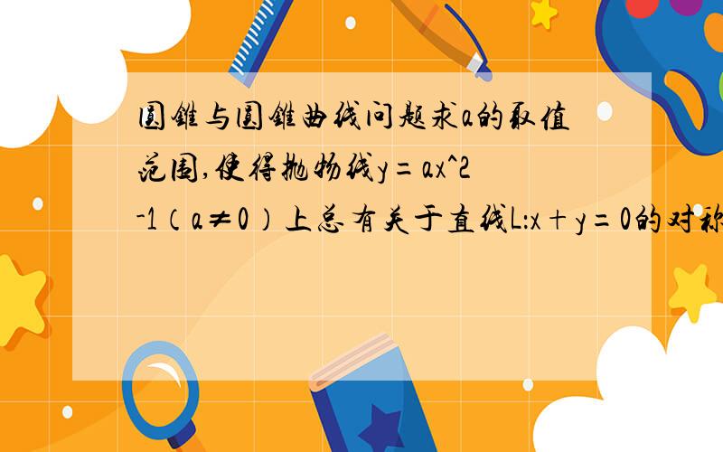 圆锥与圆锥曲线问题求a的取值范围,使得抛物线y=ax^2-1（a≠0）上总有关于直线L：x+y=0的对称的两点