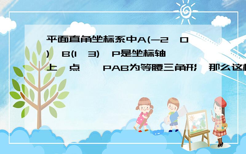 平面直角坐标系中A(-2,0),B(1,3),P是坐标轴上一点,△PAB为等腰三角形,那么这样的P点共有（ ）个?