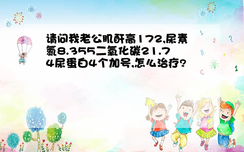 请问我老公肌酐高172,尿素氮8.355二氧化碳21.74尿蛋白4个加号,怎么治疗?