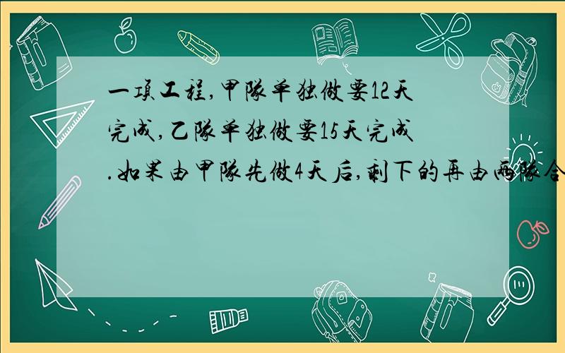 一项工程,甲队单独做要12天完成,乙队单独做要15天完成.如果由甲队先做4天后,剩下的再由两队合做,还要多少天可以完成任务?