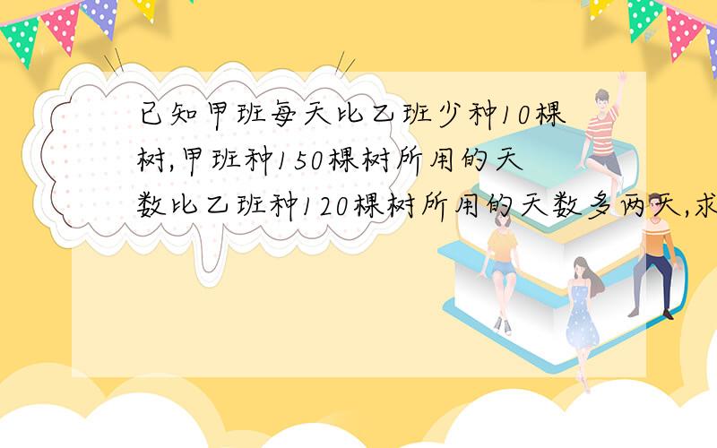 已知甲班每天比乙班少种10棵树,甲班种150棵树所用的天数比乙班种120棵树所用的天数多两天,求甲、乙每天植树多少棵?