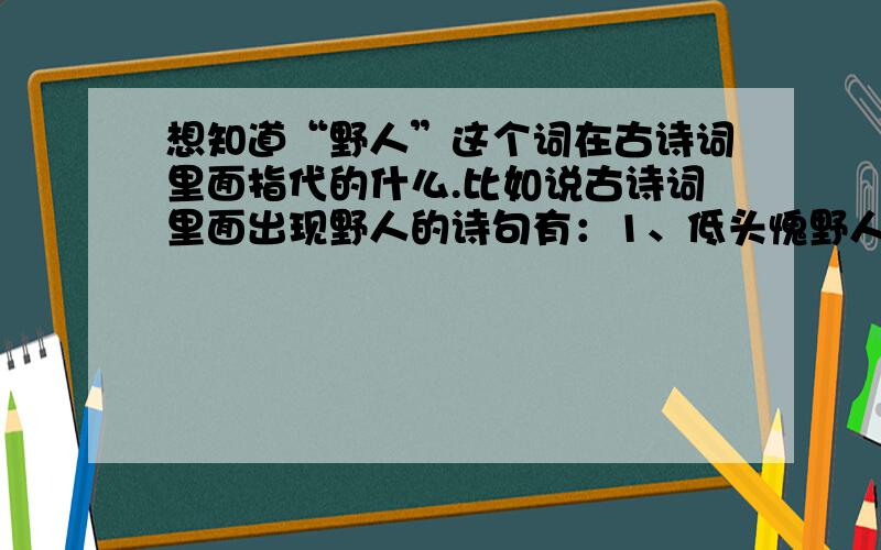 想知道“野人”这个词在古诗词里面指代的什么.比如说古诗词里面出现野人的诗句有：1、低头愧野人(宋·辛弃疾·《菩萨蛮》)2、野人住处无车马(元·王冕·《次韵 其二》)3、不称野人簪破