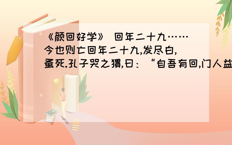 《颜回好学》 回年二十九……今也则亡回年二十九,发尽白,蚤死.孔子哭之恸,曰：“自吾有回,门人益亲.”鲁哀公问：“弟子孰为好学?”孔子对曰：“有颜回者好学,不迁怒不贰过.不幸短命死