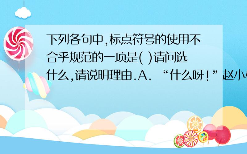 下列各句中,标点符号的使用不合乎规范的一项是( )请问选什么,请说明理由.A．“什么呀!”赵小桢撇撇嘴,“你又不是老师,怎么知道我们读得不对?”B．各种非法添加剂仍在农产品生产、运输