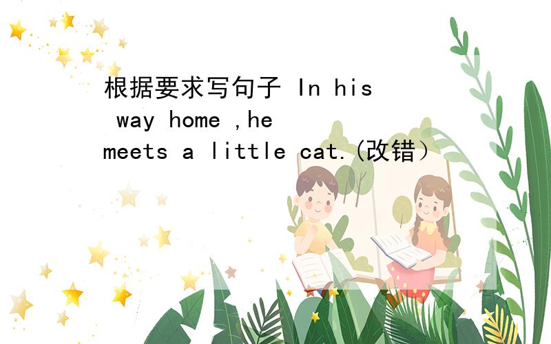 根据要求写句子 In his way home ,he meets a little cat.(改错）