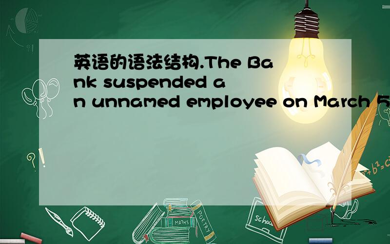 英语的语法结构.The Bank suspended an unnamed employee on March 5,pending investigation by the bank into compliance with its processes.关键是后句的pending 和 into我不懂.麻烦翻一下后半句就可以了.