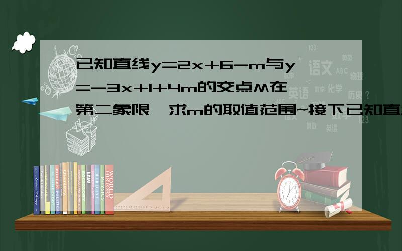 已知直线y=2x+6-m与y=-3x+1+4m的交点M在第二象限,求m的取值范围~接下已知直线y=2x+6-m与y=-3x+1+4m的交点M在第二象限,1、 求m的取值范围2、 设两直线分别与y轴交于A、B,若m是非负整数,求三角形ABM的