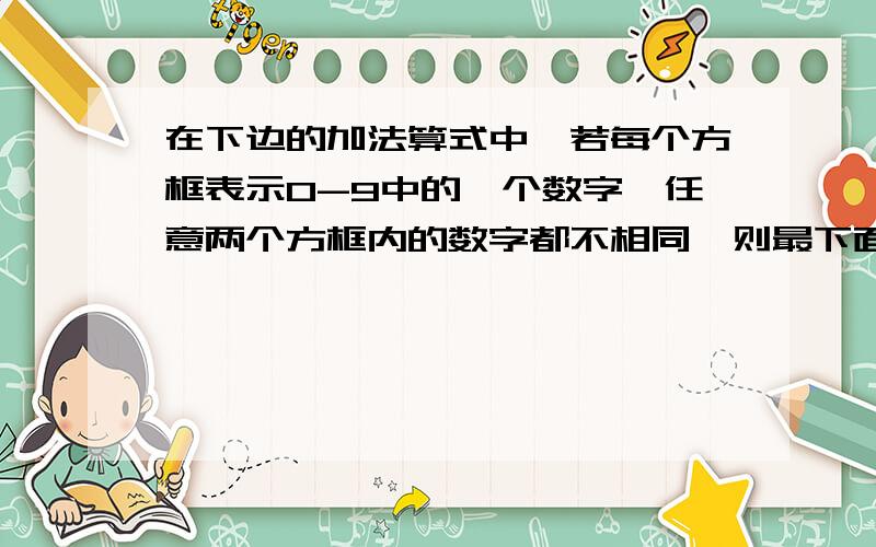 在下边的加法算式中,若每个方框表示0-9中的一个数字,任意两个方框内的数字都不相同,则最下面的那个方框（2?13的问号）的数是几?下图所示竖式中,除数和商各是几?