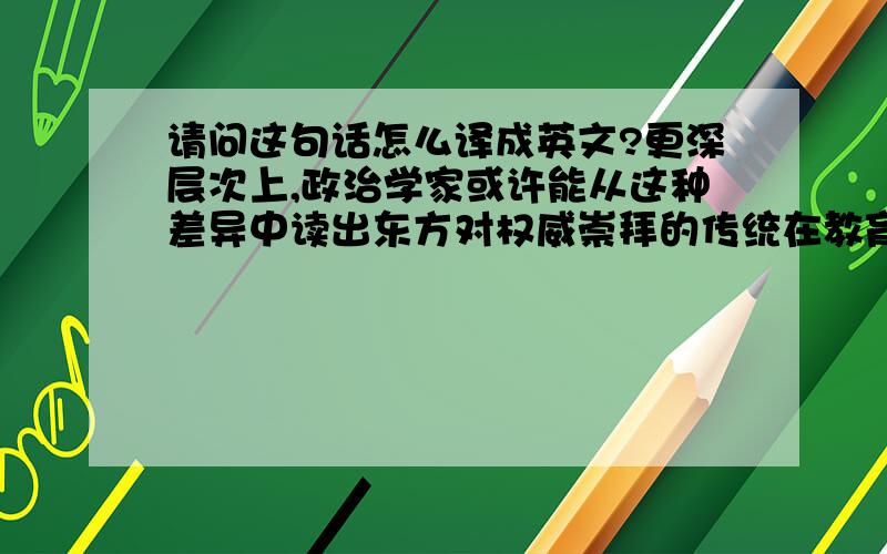 请问这句话怎么译成英文?更深层次上,政治学家或许能从这种差异中读出东方对权威崇拜的传统在教育体系内的展现抑或起点,从而看到东方人民主意识培养的一条有效渠道.