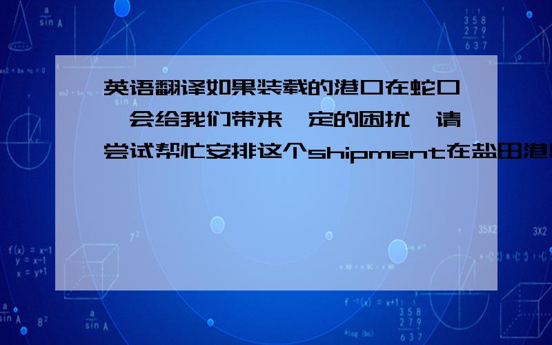 英语翻译如果装载的港口在蛇口,会给我们带来一定的困扰,请尝试帮忙安排这个shipment在盐田港口,如果可能的话.