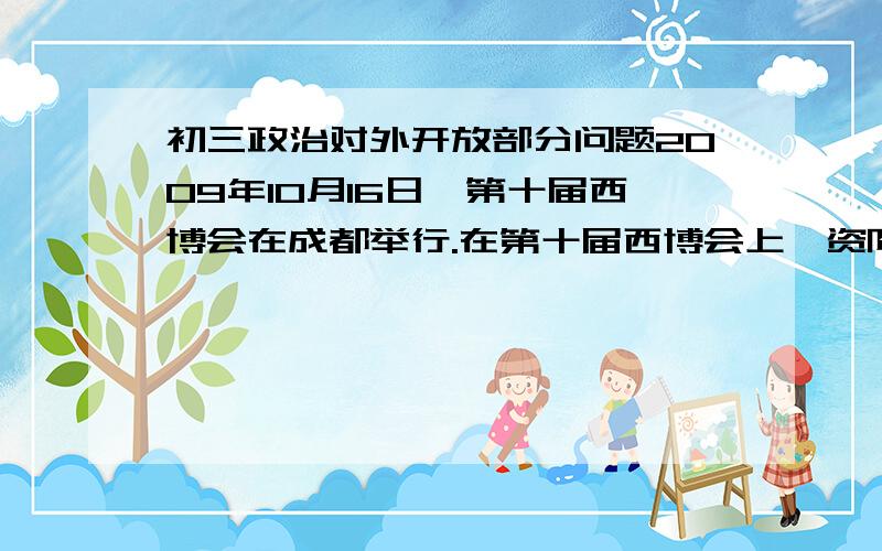 初三政治对外开放部分问题2009年10月16日,第十届西博会在成都举行.在第十届西博会上,资阳市共签约项目152个,投资总额647亿元,协议引进资金630亿元,签约引资额比上届翻番,超过前九届总和,位