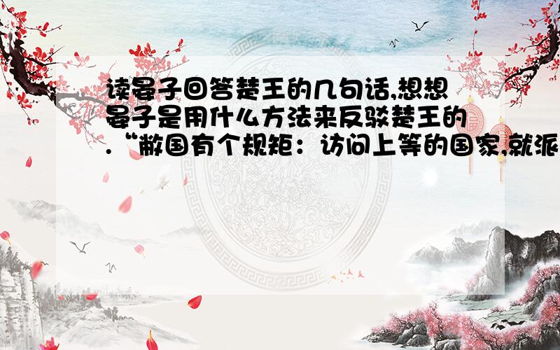 读晏子回答楚王的几句话,想想晏子是用什么方法来反驳楚王的.“敝国有个规矩：访问上等的国家,就派上等人去；访问下等的国家,就派下等人去.我最不中用,所以派到这儿来了.”这是用什么