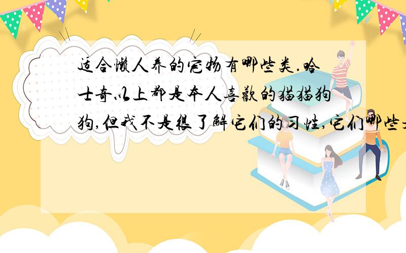 适合懒人养的宠物有哪些类.哈士奇以上都是本人喜欢的猫猫狗狗,但我不是很了解它们的习性,它们哪些是适合懒人养的啊.不用每天洗澡.没有很大的异味,有爱干净,吃的不是很多,请各位爱猫