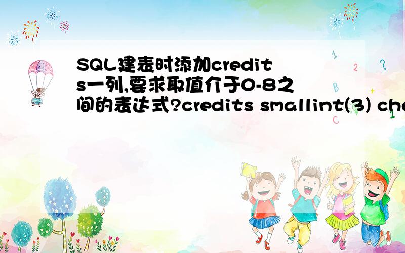 SQL建表时添加credits一列,要求取值介于0-8之间的表达式?credits smallint(3) check(?)SQL建表时添加credits一栏,要求取值介于0-8之间的表达式?credits smallint(3) check(?) 问号中加东西吗?加什么?