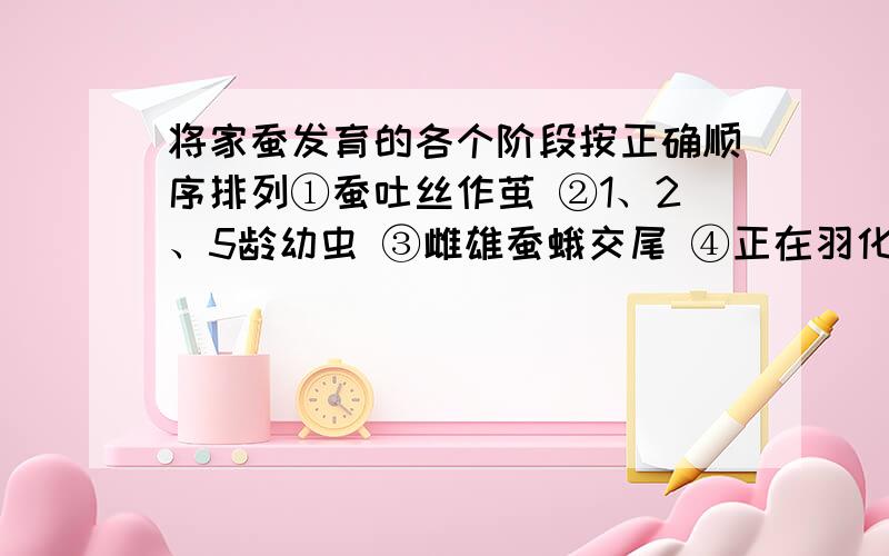 将家蚕发育的各个阶段按正确顺序排列①蚕吐丝作茧 ②1、2、5龄幼虫 ③雌雄蚕蛾交尾 ④正在羽化的蚕蛾 ⑤正在产卵的蚕蛾 ⑥蚕蛾A.③→④→⑤→②→①→⑥ B.③→⑤→②→①→⑥→④C.⑤