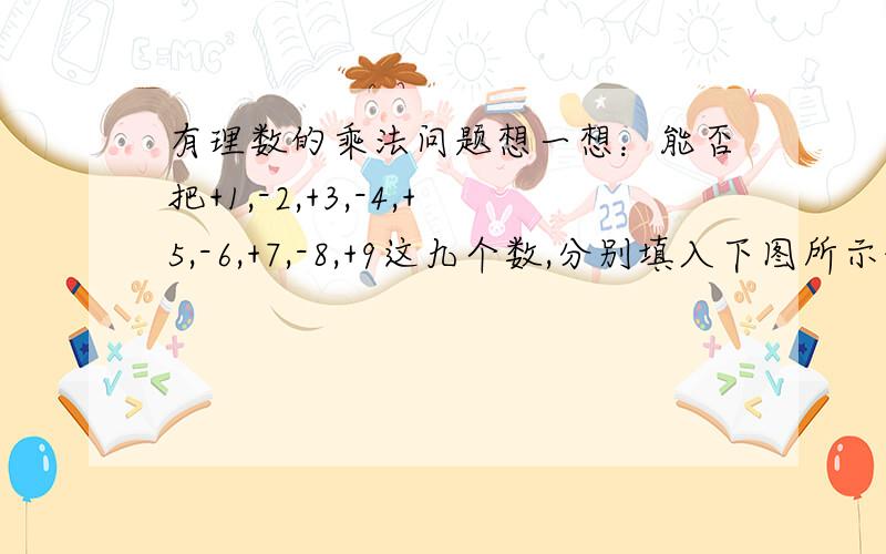 有理数的乘法问题想一想：能否把+1,-2,+3,-4,+5,-6,+7,-8,+9这九个数,分别填入下图所示的空格中,使纵、横、对角线上所有三个数的成绩都是正数.若能,请举例说明,若不能,则说明理由.