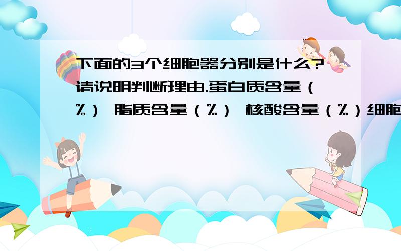 下面的3个细胞器分别是什么?请说明判断理由.蛋白质含量（%） 脂质含量（%） 核酸含量（%）细胞器甲 67 20 微量细胞器乙 59 40 0细胞器丙 61 0 39