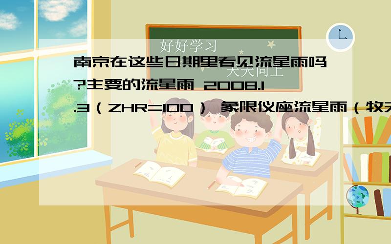 南京在这些日期里看见流星雨吗?主要的流星雨 2008.1.3（ZHR=100） 象限仪座流星雨（牧夫座流星雨） 辐射点在子夜从东北升起 2008.4.22（ZHR=20）天琴座流星雨 辐射点在22时左右从东北升起 2008.5.