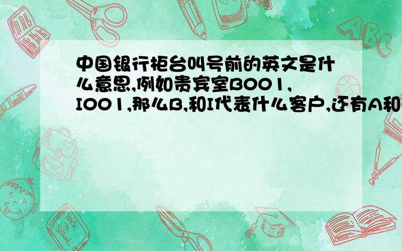 中国银行柜台叫号前的英文是什么意思,例如贵宾室B001,I001,那么B,和I代表什么客户,还有A和C等?