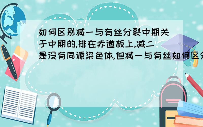 如何区别减一与有丝分裂中期关于中期的,排在赤道板上,减二是没有同源染色体,但减一与有丝如何区分?有丝分裂中是有同源染色体的啊