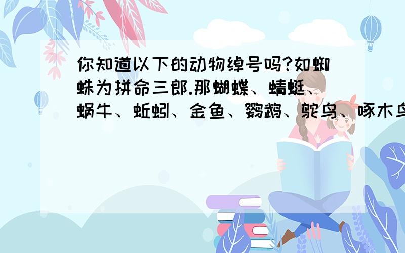 你知道以下的动物绰号吗?如蜘蛛为拼命三郎.那蝴蝶、蜻蜓、蜗牛、蚯蚓、金鱼、鹦鹉、鸵鸟、啄木鸟呢?