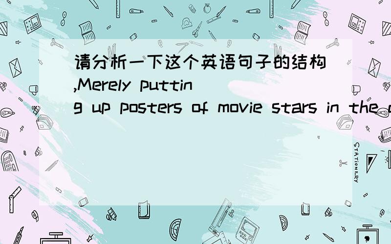 请分析一下这个英语句子的结构,Merely putting up posters of movie stars in the dormitory and cafeteria is not what the campaign to beautify our campus is about.