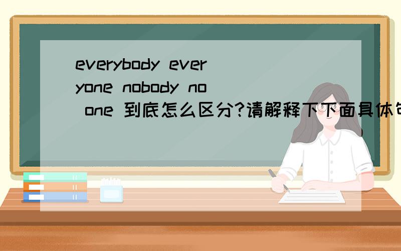 everybody everyone nobody no one 到底怎么区分?请解释下下面具体句子1.Everybody on campus except me knew that the prsfessor had five sets of examinations,which he unsed in turn.为什么不能用 every one2.No one in my family ever told