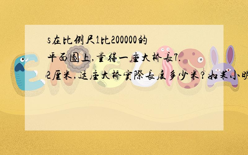 s在比例尺1比200000的平面图上,量得一座大桥长7.2厘米,这座大桥实际长度多少米?如果小明以每小时15千米的速度从桥上通过.需要多少分钟