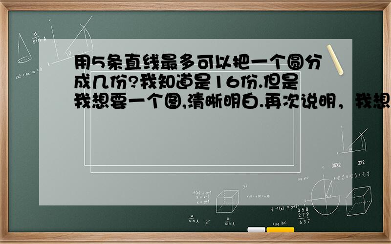 用5条直线最多可以把一个圆分成几份?我知道是16份.但是我想要一个图,清晰明白.再次说明，我想要做一个图。但是五角星画了以后只有12份，谁能帮我在word里做一个图。然后截图下来给我看