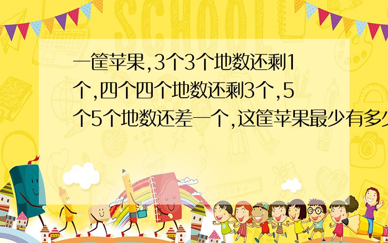 一筐苹果,3个3个地数还剩1个,四个四个地数还剩3个,5个5个地数还差一个,这筐苹果最少有多少个?