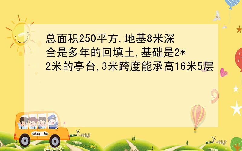 总面积250平方.地基8米深全是多年的回填土,基础是2*2米的亭台,3米跨度能承高16米5层