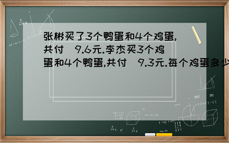 张彬买了3个鸭蛋和4个鸡蛋,共付岀9.6元.李杰买3个鸡蛋和4个鸭蛋,共付岀9.3元.每个鸡蛋多少元,每个鸭蛋多少元?