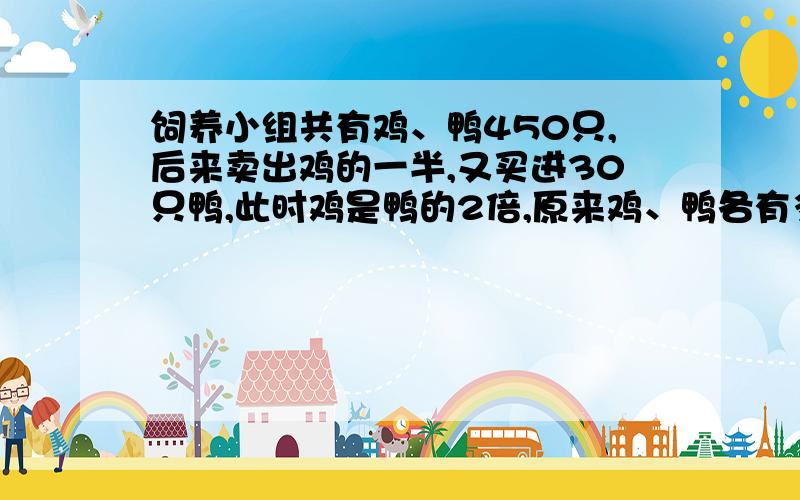 饲养小组共有鸡、鸭450只,后来卖出鸡的一半,又买进30只鸭,此时鸡是鸭的2倍,原来鸡、鸭各有多少只?