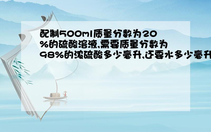 配制500ml质量分数为20%的硫酸溶液,需要质量分数为98%的浓硫酸多少毫升,还要水多少毫升ρ（98%硫酸）=1.84g/cm3,ρ(20%硫酸）=1.14g/cm3,ρ水=1g/cm3