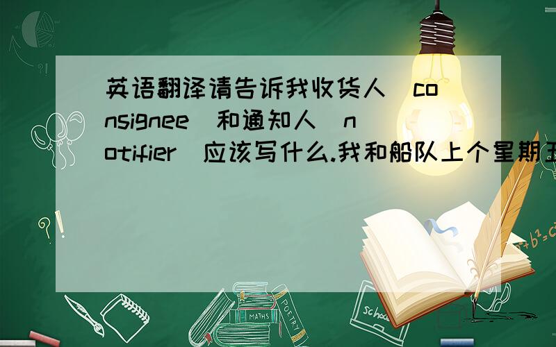 英语翻译请告诉我收货人（consignee）和通知人（notifier）应该写什么.我和船队上个星期五的时候已经联系过了,只要你确认就可以订船