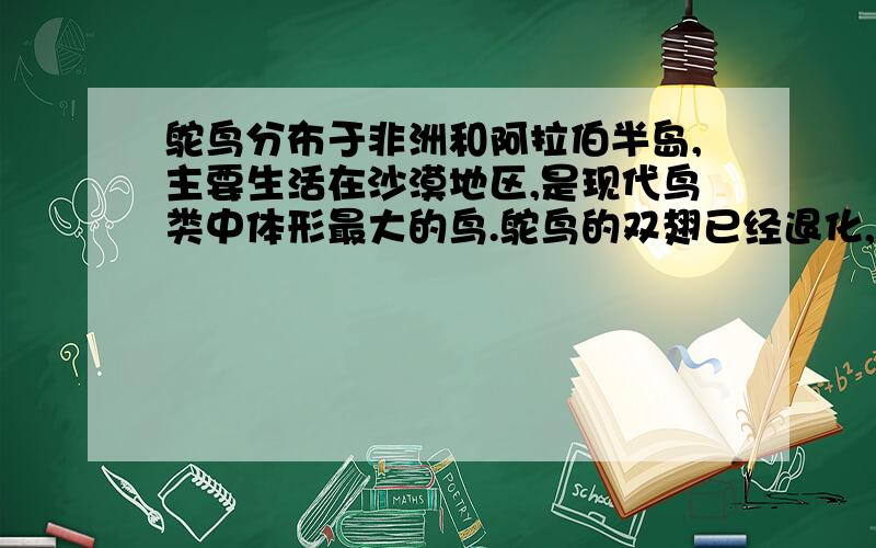 鸵鸟分布于非洲和阿拉伯半岛,主要生活在沙漠地区,是现代鸟类中体形最大的鸟.鸵鸟的双翅已经退化,但在顺风及拐弯奔跑时,双翅展开,起着像帆一样的作用,能保持平衡,又能借助强劲风力,加