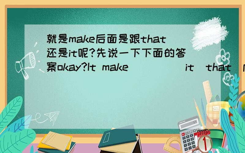 就是make后面是跟that还是it呢?先说一下下面的答案okay?It make ___ (it\that)possible for people___(to write/write)big numbers...I find ___(it\that)important___(to learn\learn)to use the computer all the day.