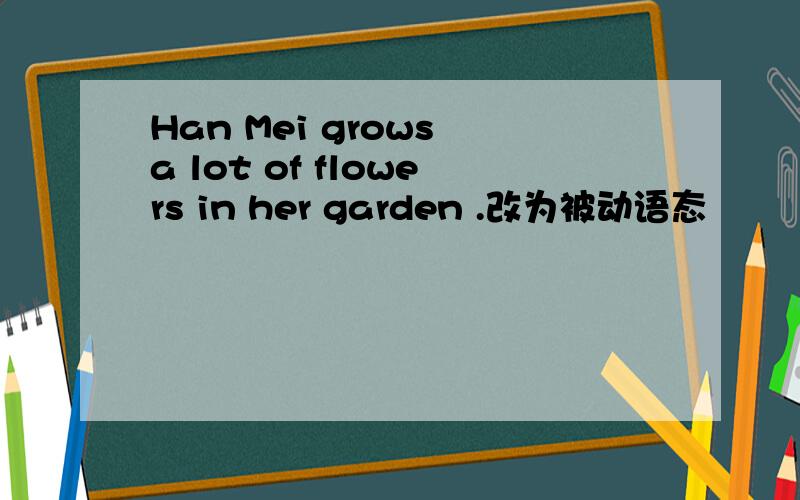 Han Mei grows a lot of flowers in her garden .改为被动语态