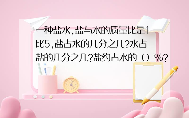 一种盐水,盐与水的质量比是1比5,盐占水的几分之几?水占盐的几分之几?盐约占水的（）%?