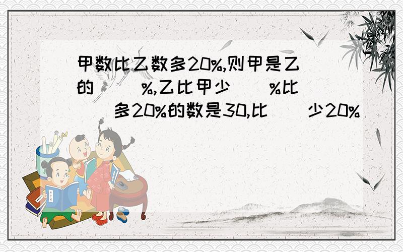 甲数比乙数多20%,则甲是乙的 ()%,乙比甲少()%比()多20%的数是30,比()少20%