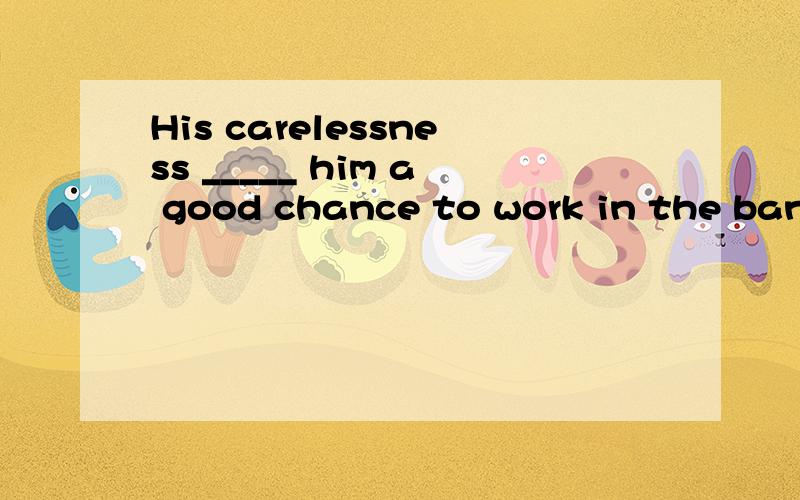 His carelessness _____ him a good chance to work in the bankA.spentB.tookC.costD.paid选哪个?为什么?