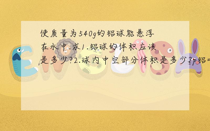 使质量为540g的铝球能悬浮在水中.求1.铝球的体积应该是多少?2.球内中空部分体积是多少?p铝=2700kg/m3