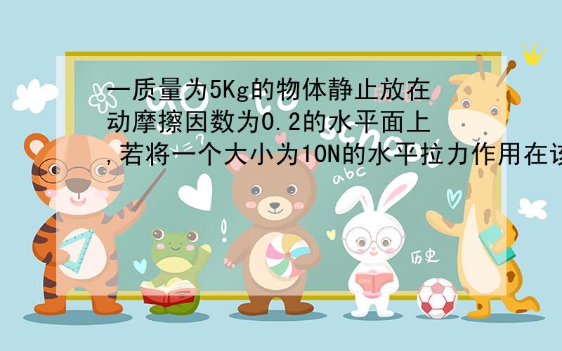 一质量为5Kg的物体静止放在动摩擦因数为0.2的水平面上,若将一个大小为10N的水平拉力作用在该物体上,该物体在2s内的位移为多大