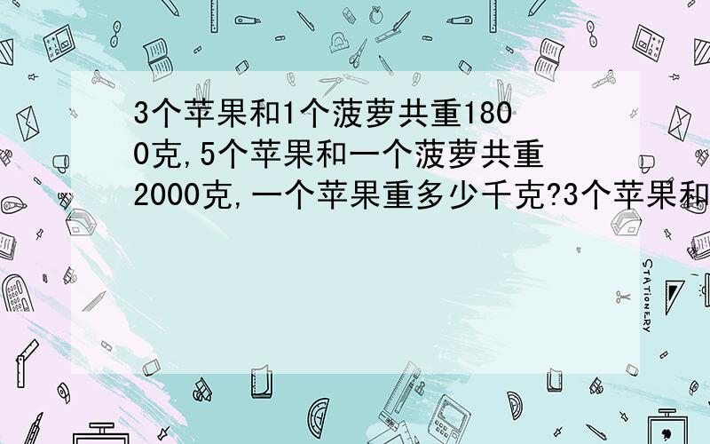 3个苹果和1个菠萝共重1800克,5个苹果和一个菠萝共重2000克,一个苹果重多少千克?3个苹果和1个菠萝共重1800克,5个苹果和一个菠萝共重2000克,一个苹果重多少千克