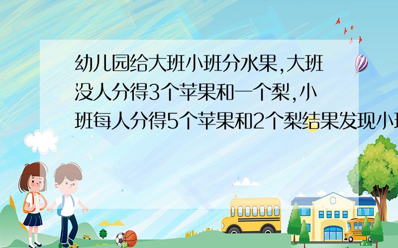 幼儿园给大班小班分水果,大班没人分得3个苹果和一个梨,小班每人分得5个苹果和2个梨结果发现小班比大班少分得24个苹果.1.如果两个班分得的梨一样多,那么小班有多少人2.如果小班比大班多