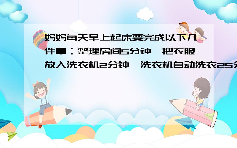 妈妈每天早上起床要完成以下几件事：整理房间5分钟,把衣服放入洗衣机2分钟,洗衣机自动洗衣25分钟,晾衣服7分钟,吃早饭8分钟,做健美操15分钟,怎么安排,妈妈可以在最短的时间内完成这些事?