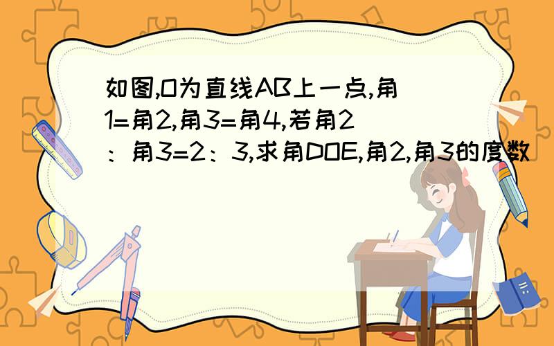 如图,O为直线AB上一点,角1=角2,角3=角4,若角2：角3=2：3,求角DOE,角2,角3的度数