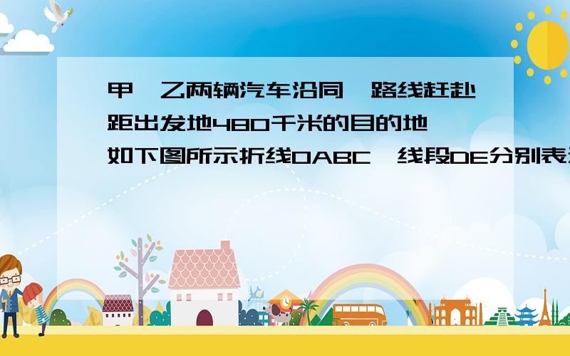 甲,乙两辆汽车沿同一路线赶赴距出发地480千米的目的地,如下图所示折线OABC,线段DE分别表示甲、乙两车所行路程y（千米）与时间x（时）的关系图.甲车中途修车,修车前后速度相同.根据图中